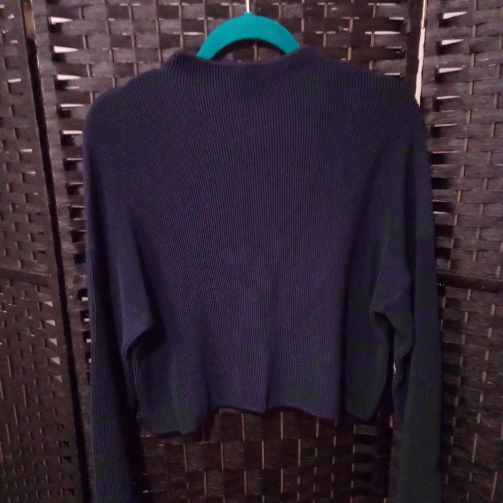 TOPSHOP Women's Navy Blue Mock Neck Long Sleeve Knitted Crop Top Tunic Size 8